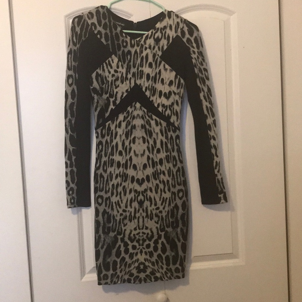 BEBE Black and Grey Leopard Dress Long Sleeve